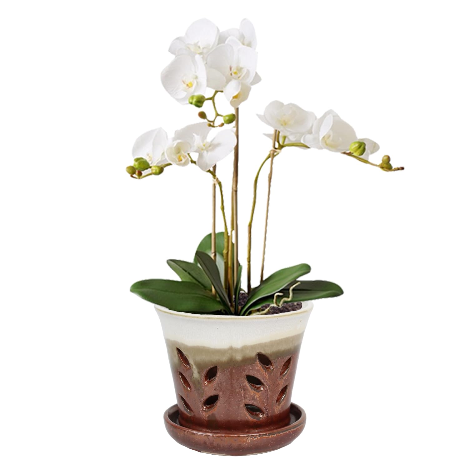 vensovo 14 CM Ceramic Orchid Pot - Orchid Pot with Holes for Repotting, Ceramic Planter with Saucer for Indoor/Outdoor Plants, Brown
