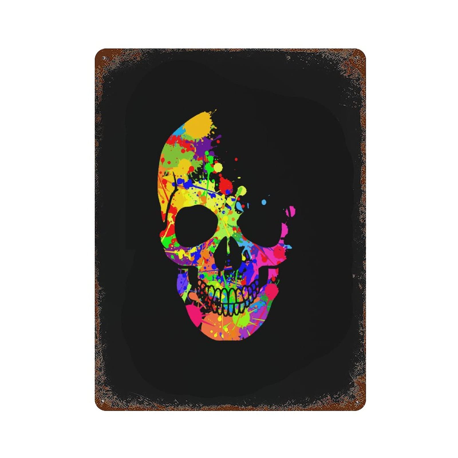Cartel de metal de calavera arcoíris para decorar tu terraza con arte vintage en acuarela