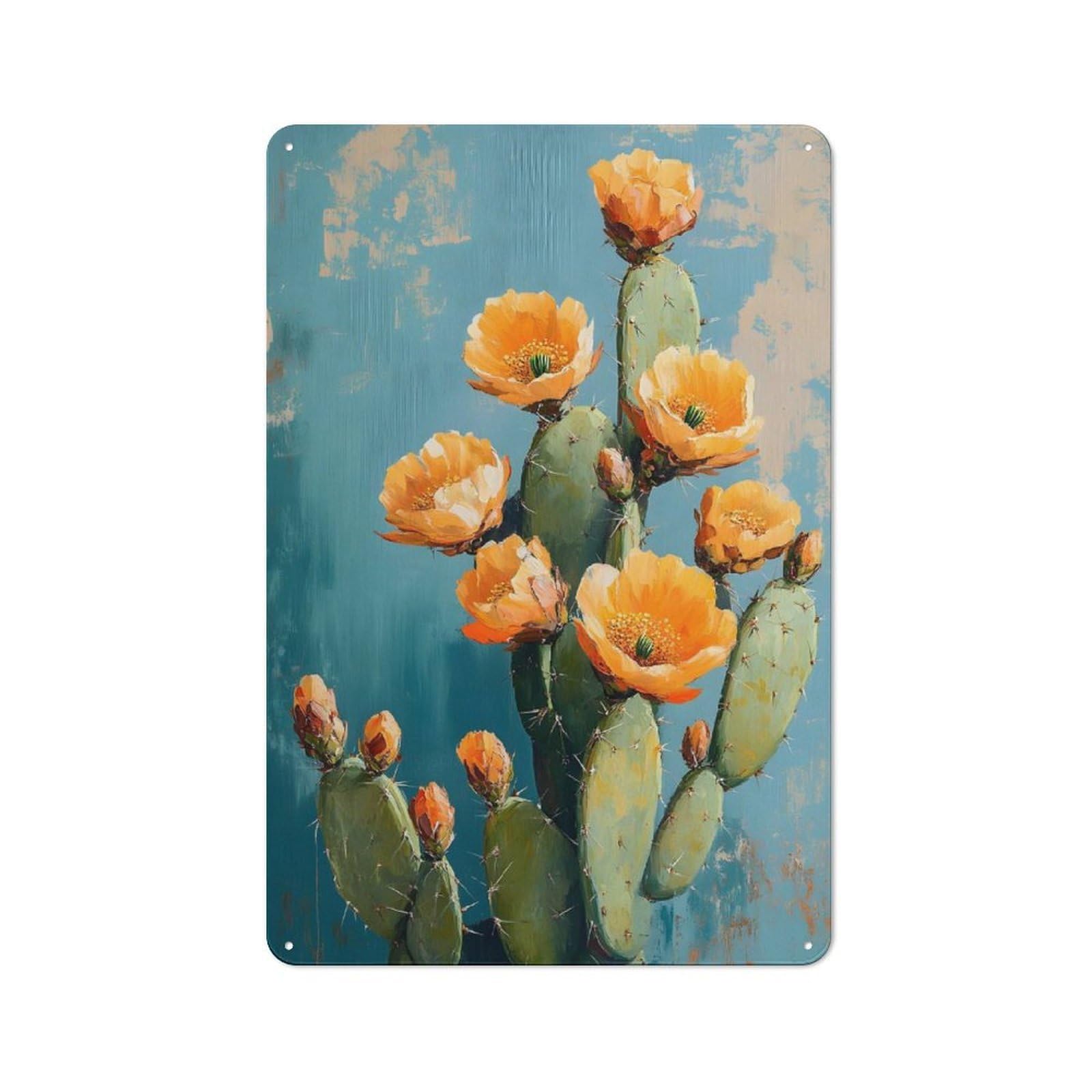 Junmoney Cactus Blossom In A Desert Painting Distressed Look Decorative Tin Sign 30X20cm, Vintage Wall Decor For Lounge, Study, Pub Or Wall Gallery