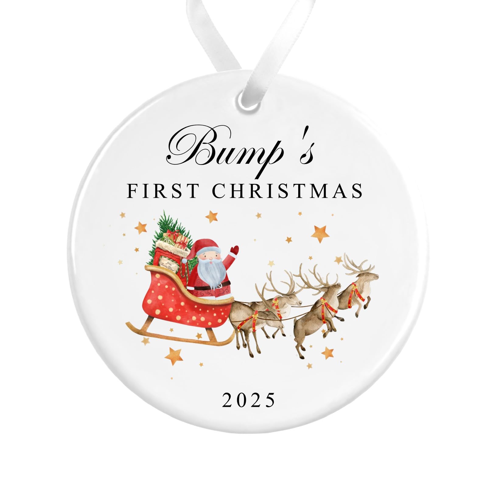 Bump's First Christmas Bauble | Santa Sleigh Reindeers Ceramic Decoration | Bump 1st Christmas Ornament (White Ribbon, Design 1)