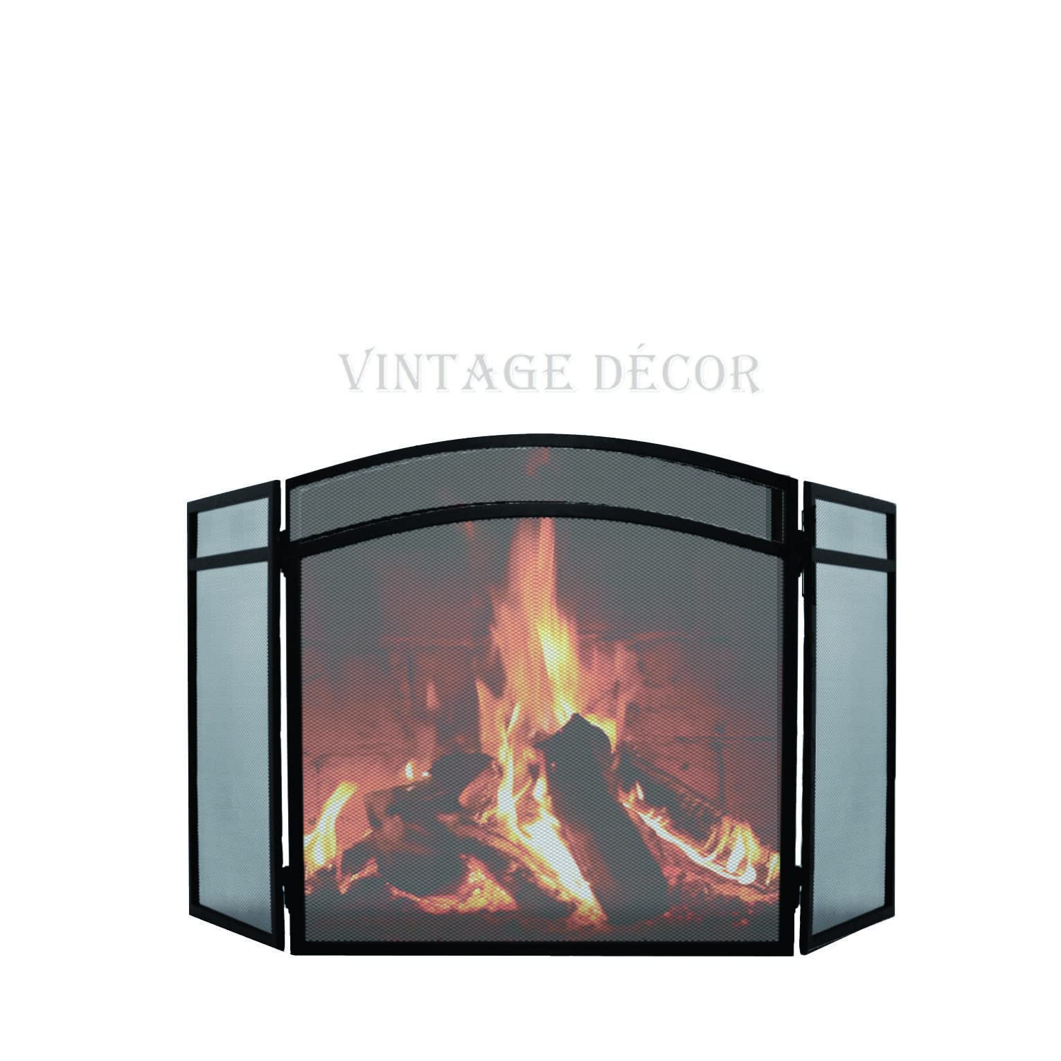 Aurahome Black Aurahome® Wrought Iron Fire Screen Spark Safety Guard Classic Arched Tri-Fold Fireplace Premium Heavy Duty 61Cm (H) X 96Cm (W) Heavy Duty Mesh 5Kg Premium Quality Folds Flat For Easy Storage