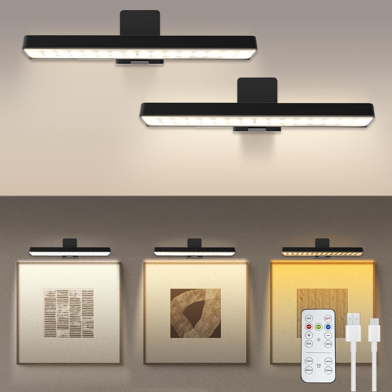 MIOBLUE 2Pack Rechargeable Picture Lights for Wall, Painting Light Battery Powered with Remote, Art Lights Picture Frame Lights,Dartboard Light with 3 Color Temperatures