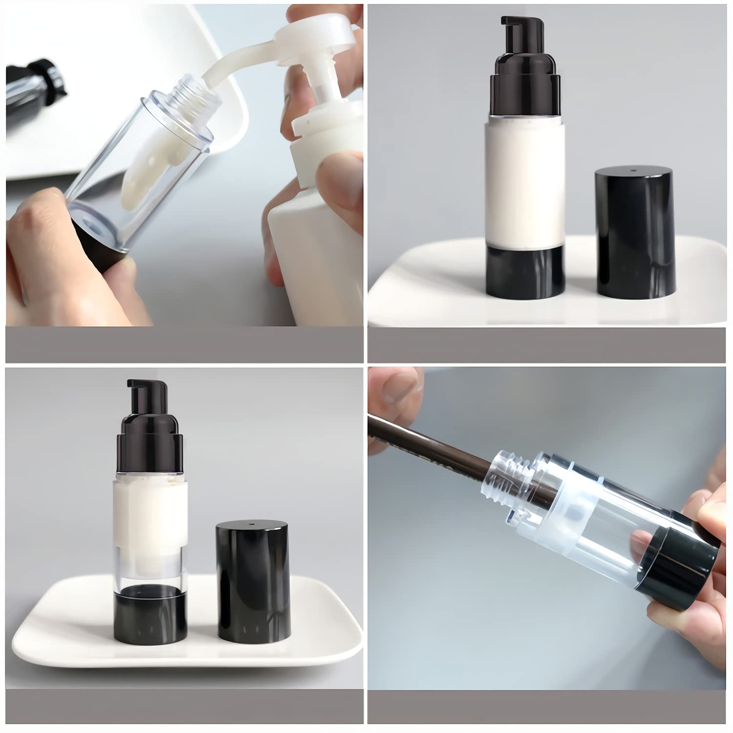 TIANZD 12 Pezzi 30 ml Plastica Bottiglie Airless Dosatori per Cosmetici, Nero Trasparente Bottiglie di Pompa Ricaricabile per Gel Dispenser, Flacone Contenitori per Liquidi Viaggio con Siringa