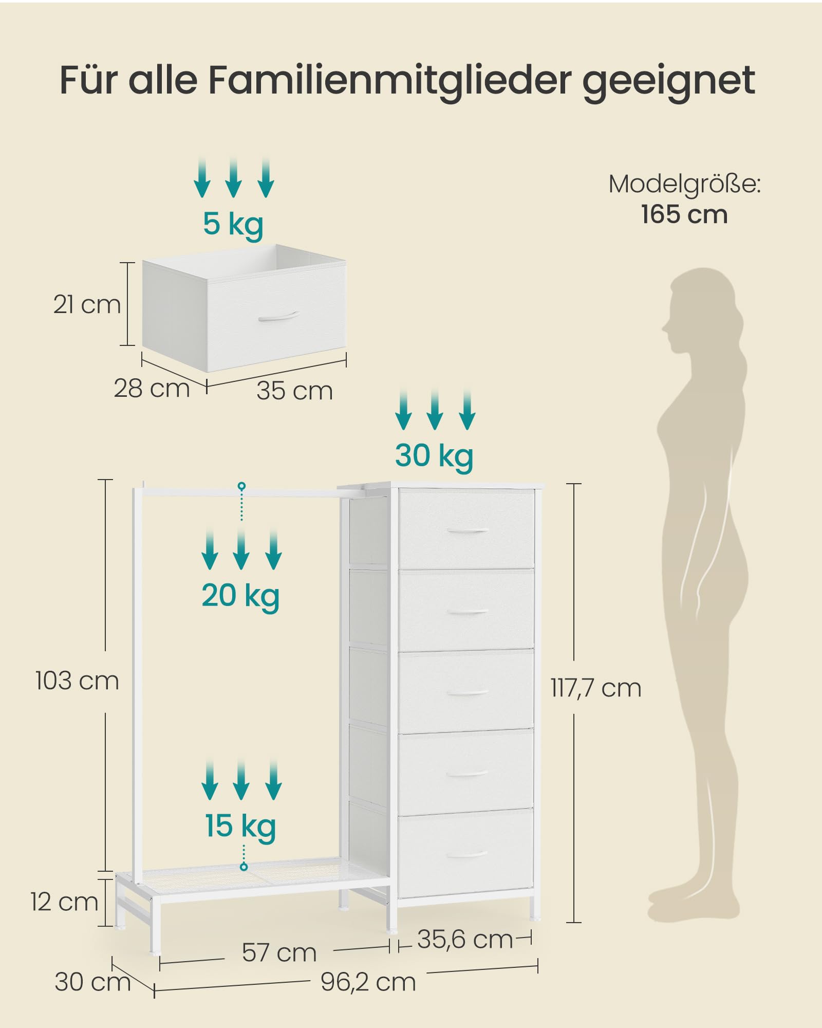 SONGMICS Kommode mit 5 Stoff Schubladen und Kleiderstange, Garderobenständer mit Kleiderstange und Schuhablage, 96,2 x 30 x 117,7 cm, für Schlafzimmer, Flur, Wolkenweiß LGS423W101