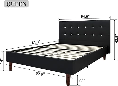 Miniatura 2 de Yegee Cama de plataforma de piel sintética tamaño Queen con cabecero de cristal con botones de cristal listones de madera y patas de cama negro Queen