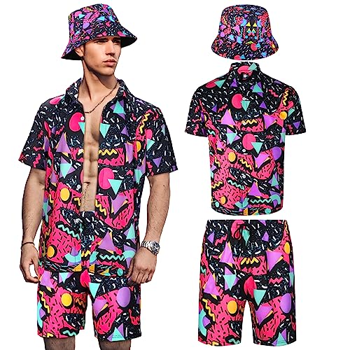 Conjunto de 2 piezas de los años 80 y 90 para hombre, conjunto de camisas y pantalones cortos retro con sombrero, chándales hawaianos de playa para hombre, fiesta de discoteca, Fresco, L