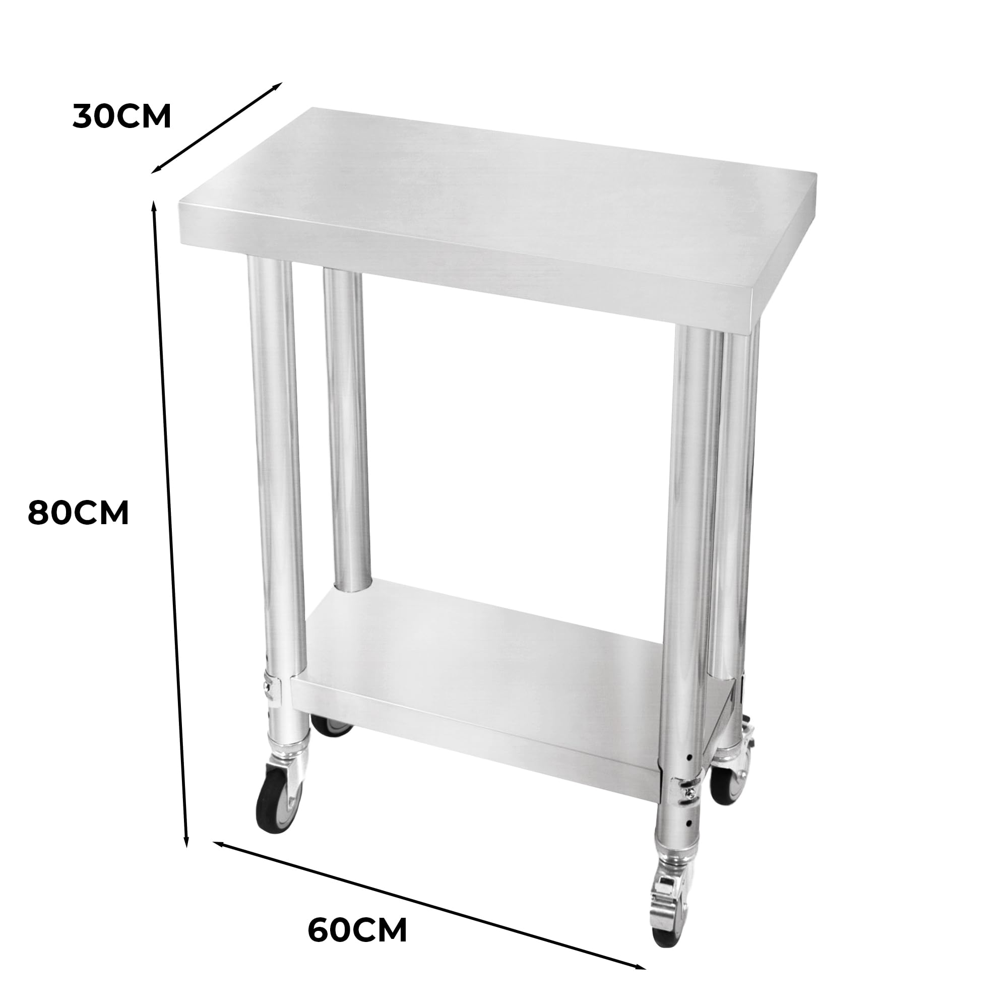 Mesa de Trabajo Cocina de Acero Inoxidable Mesa Catering Preparación de Comida 60x30x80cm Banco de Trabajo Cocina con Ruedas Frenos Pies Adaptables + Estante Inferior Ajustable Capacidad Peso 160kg