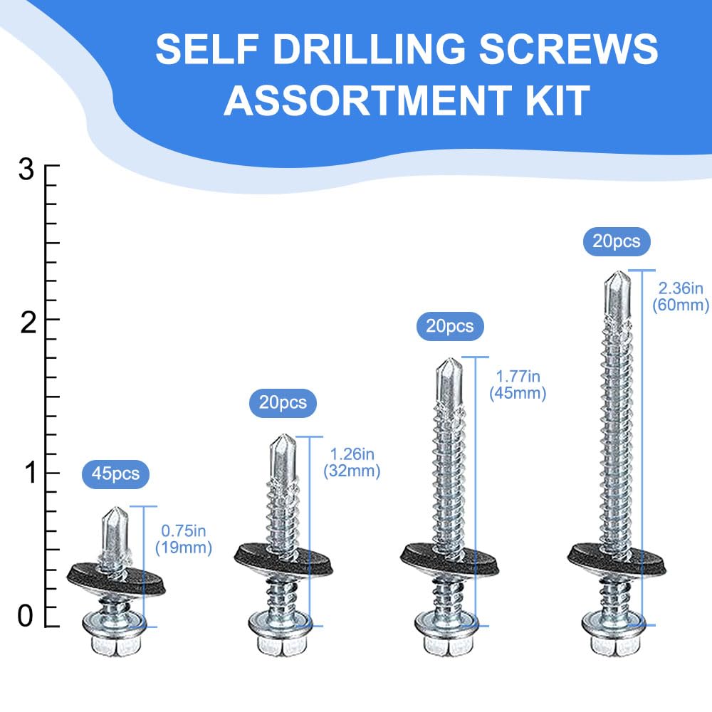 105 Pcs Self Drilling Roofing Screws Set, M5.5 Hex Head Self Tapping Screw with Rubber Sealing Washer & Hex Socket - Image 2