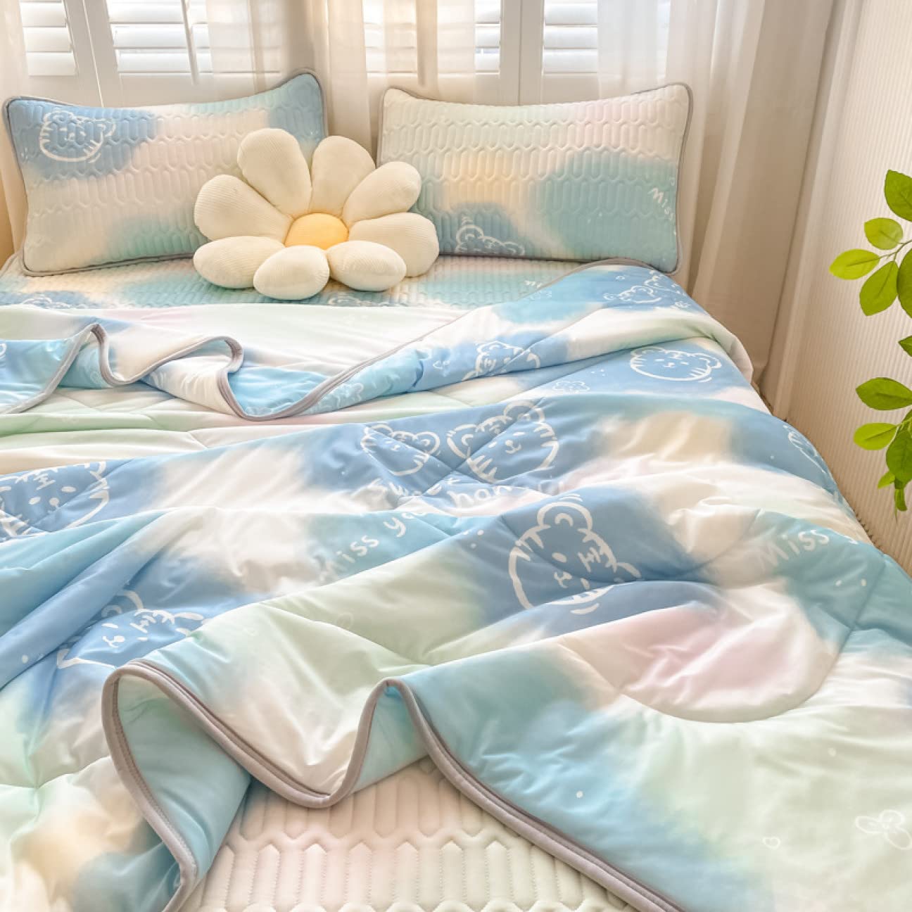 [YXSNG] 冷感寝具 3点セット 敷きパッド 肌掛け布団 枕カバー シングル 暑い夜に快適 肌布団 ひんやり 冷感敷きパッド 洗える  200*220SetB 春夏向き 掛けふとん セミダブル 4点セット クールケット 吸湿速乾 カラー０６ 抗菌 防臭 北欧風 可愛い 夏掛け布団