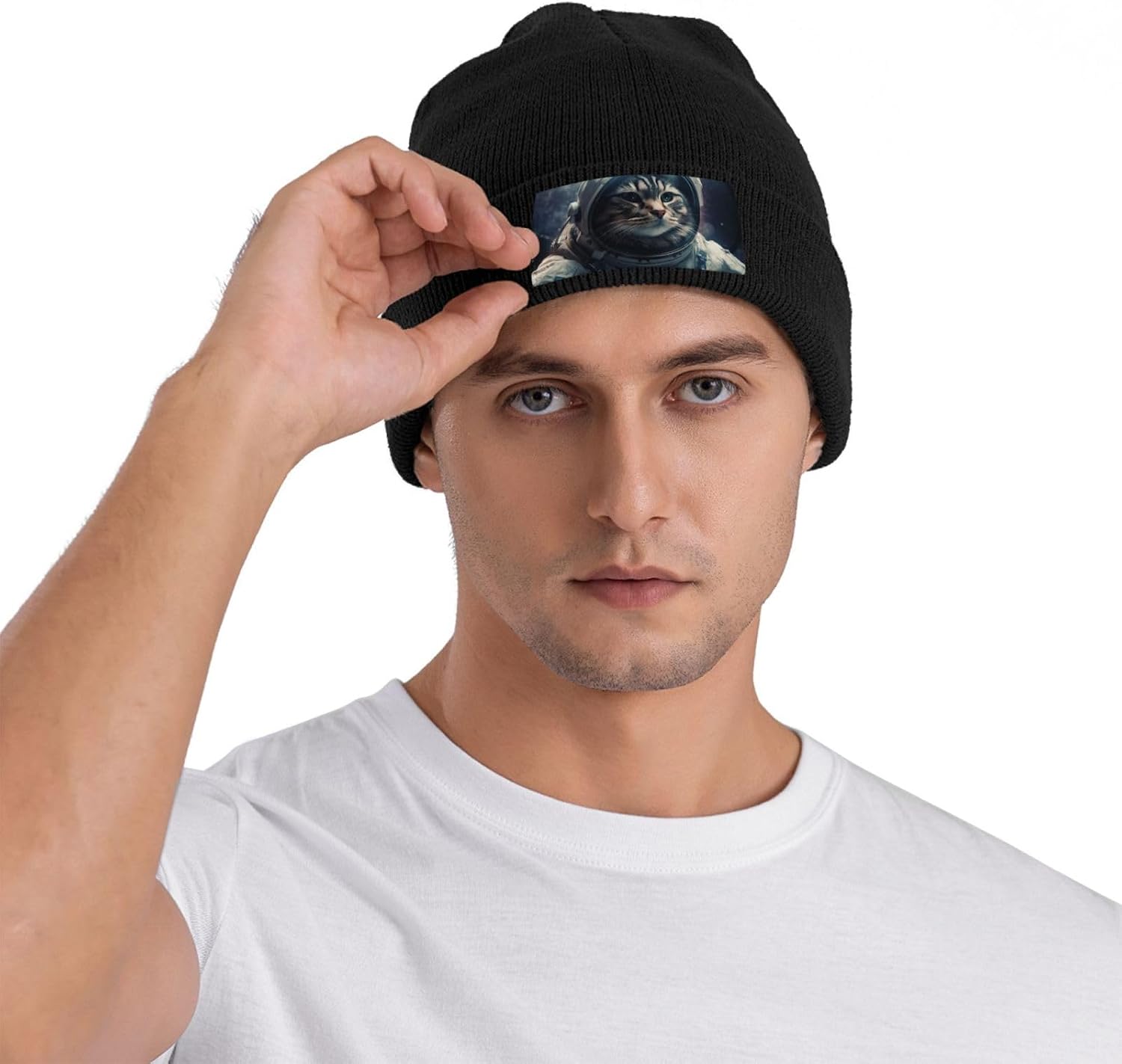 Knitted Hat Astronaut cat in Space Print Beanie for Women Soft Warm Beanie Cap Casual Knit Hat Men Winter Beanies