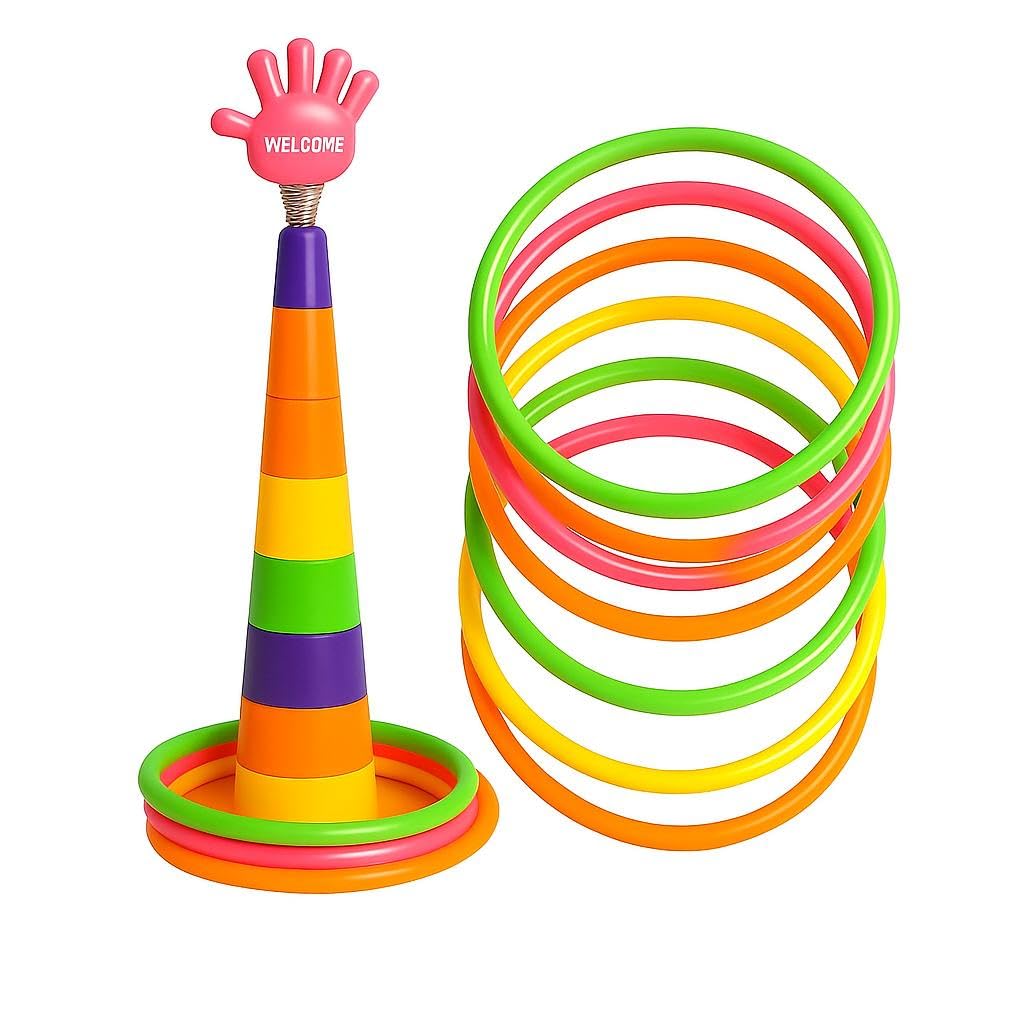VIRUNEST Collection Ring Toss Game Set, Stacking Tower with Welcome Hand, Multicolour Rings Ans Stackers for 4 Year Kids