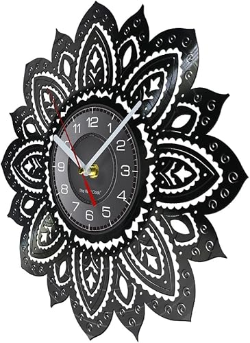 Miniatura 2 de Reloj de pared de disco de vinilo con forma de loto de mandala de 12 pulgadas, diseño moderno de flor, silencioso, de cuarzo, sin tictac, reloj de