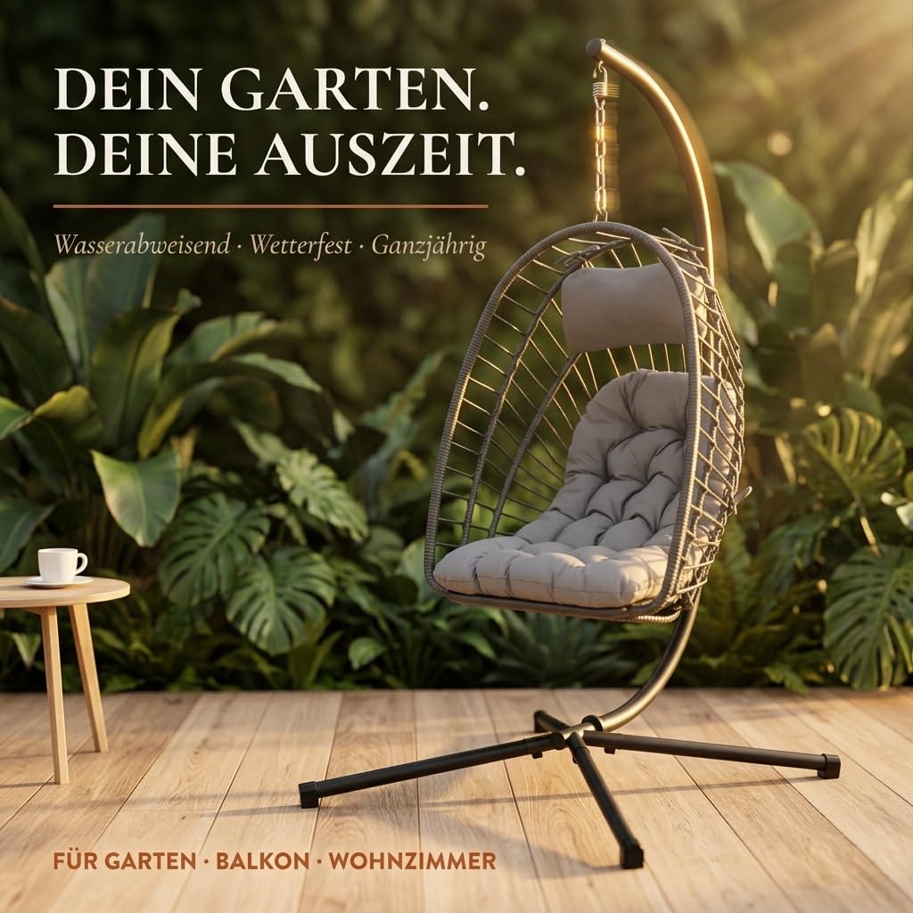 ONBEST Hängesessel mit Gestell – 360° Hängestuhl, Grau | Klappbarer Hängekorb mit Polster, Schutzhülle und 130 kg Belastbarkeit – für Garten, Balkon, Wohnzimmer, Outdoor & Indoor