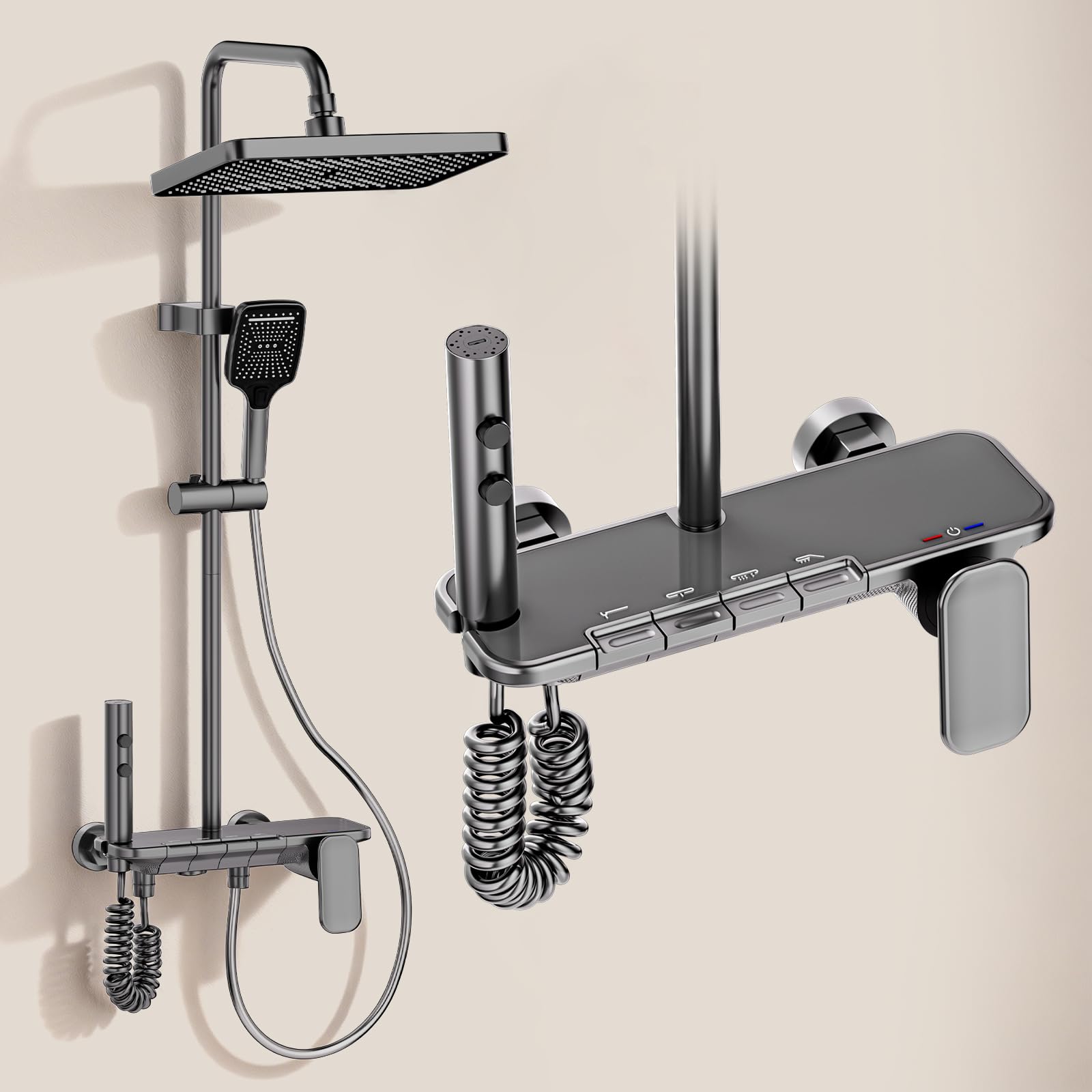 Colonne de Douche Gris Fusil Miroir avec Mitigeur - Touches Piano 4 Fonctions - Système de Douche Moderne avec Tête de Douche XXL Carrée, Douchette 3 Jets - Tube Inox Réglable 950-1350mm