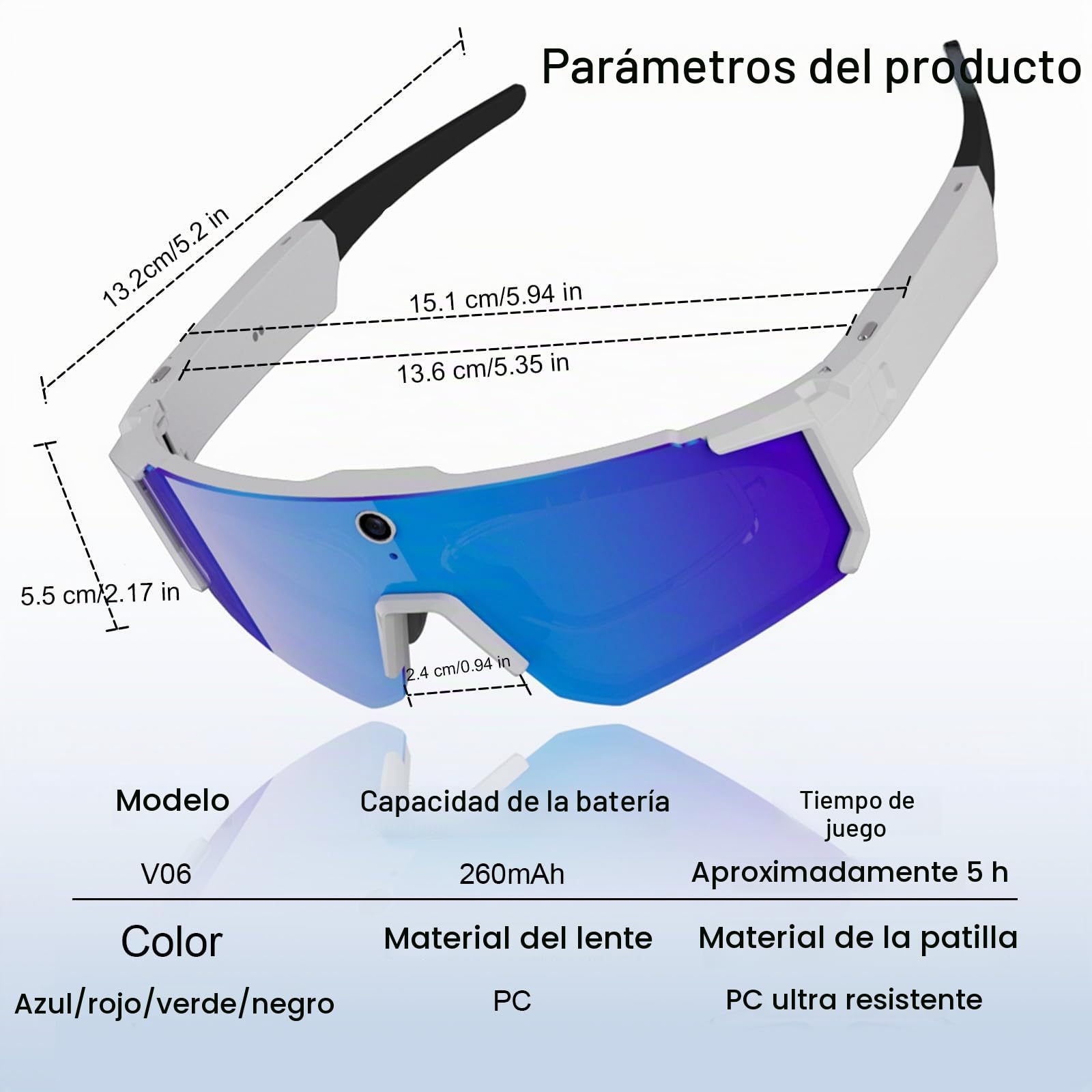 Gafas Inteligentes de Ciclismo con Inteligencia Artificial, Lentes de Sol Inteligentes con Bluetooth, Control de Voz, reconocimiento de Objetos (Blue Lens+White Frame)