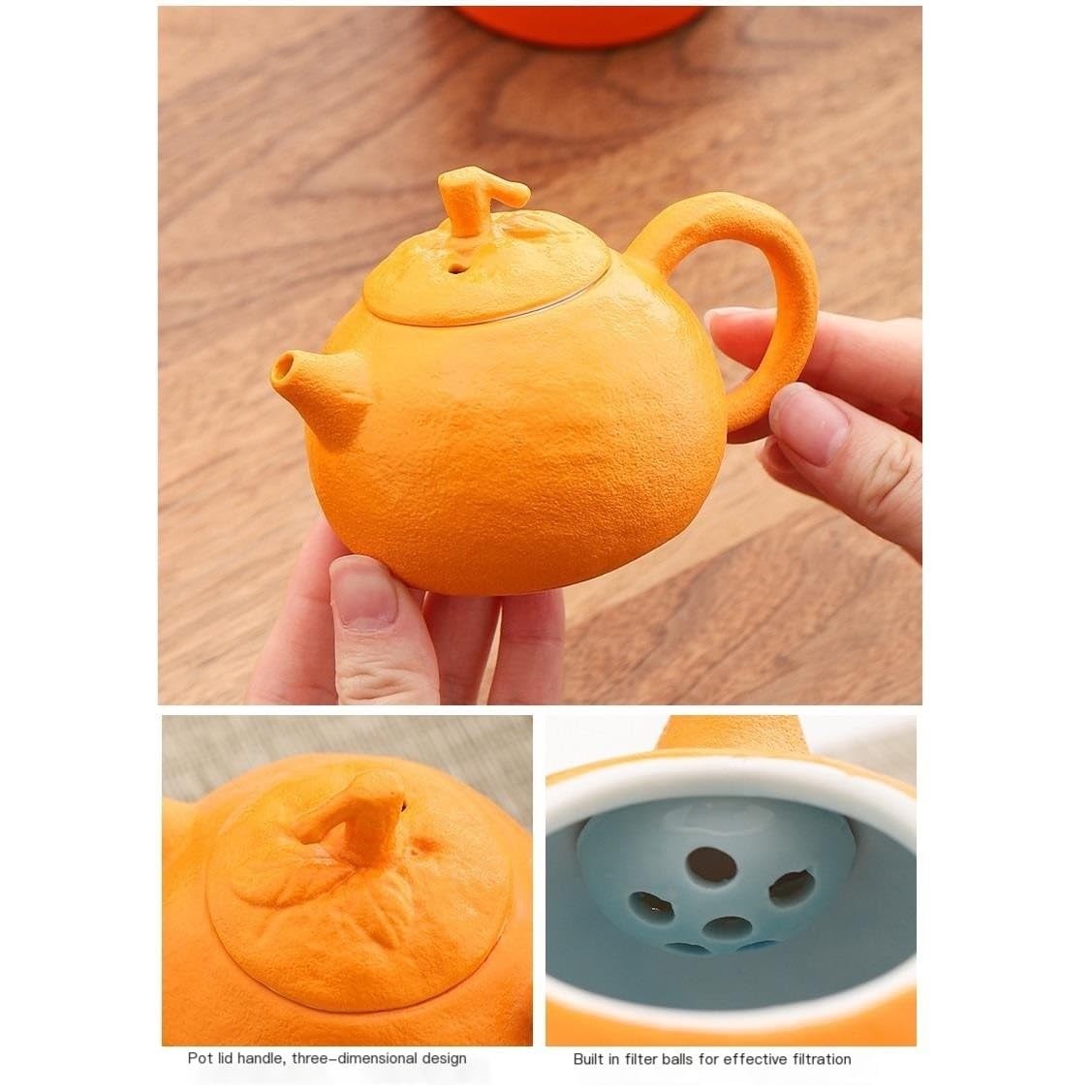 Ensemble Céramique Orange Avec Théière, Plateau Et 6 Tasses – Accents Dorés, Élégance Et Luxe Pour Café Ou Thé - | Boutique Déco & Art De Table Au Maroc | Accessoires Maison