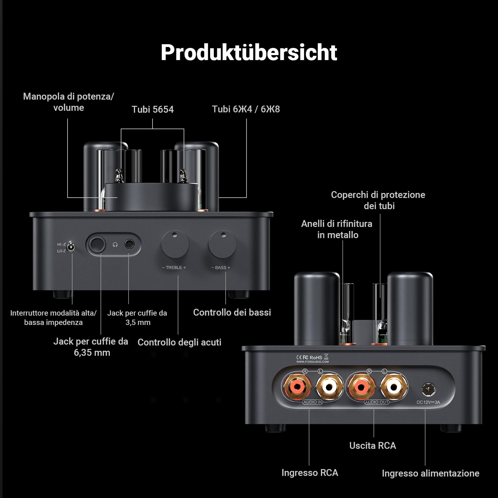 Fosi Audio GR70 Preamplificatore Cuffie a Valvole, Autentica Amplificazione a Valvole con Vuoto, Mini Preamplificatore HiFi per l'audio Domestico, Jack 3,5/6,35 mm, Supporto di 16-300 ohm di Impedenza