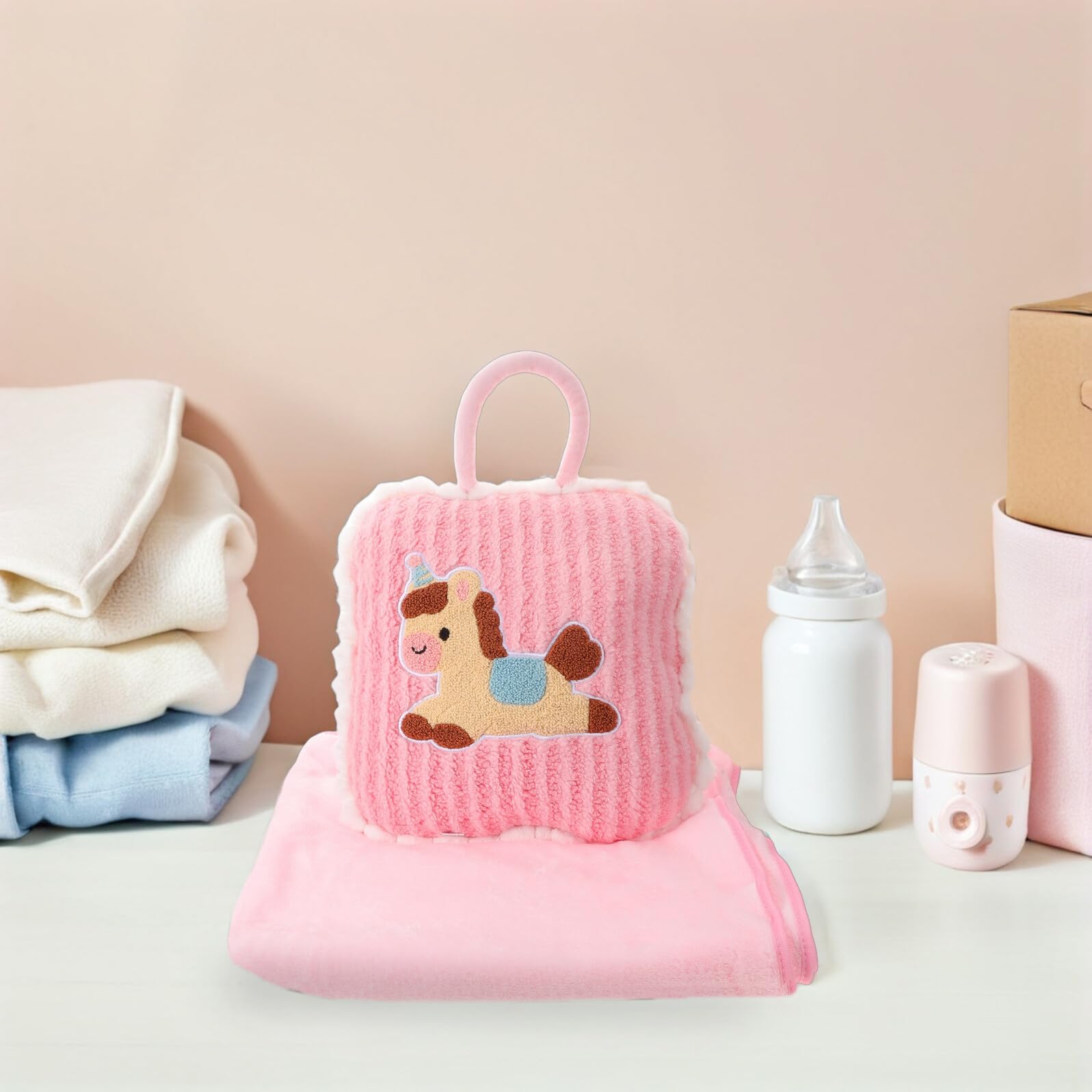 TOYANDONA Coperta Cuscino Cavallo 2 in 1 Rosa, Peluche Pp Cotone