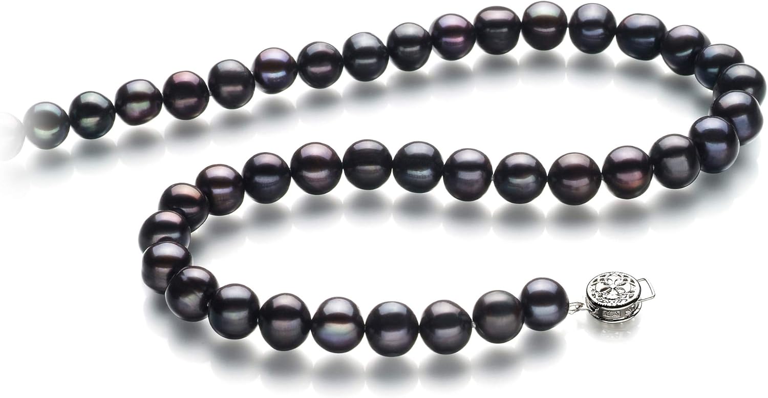 Kaitlyn Black 8-9mm A Quality Freshwater 925 Sterling Silver Cultured Pearl Necklace For Women