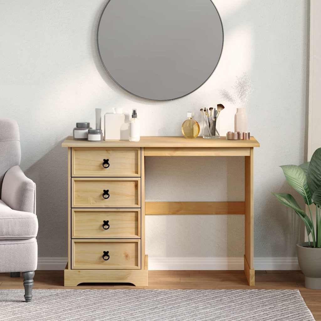 Toeletta Corona 104x47x75 cm in Legno Massello di Pino | Elegante tavolo da trucco per la camera da letto con quattro cassetti spaziosi e resistenti maniglie in metallo.