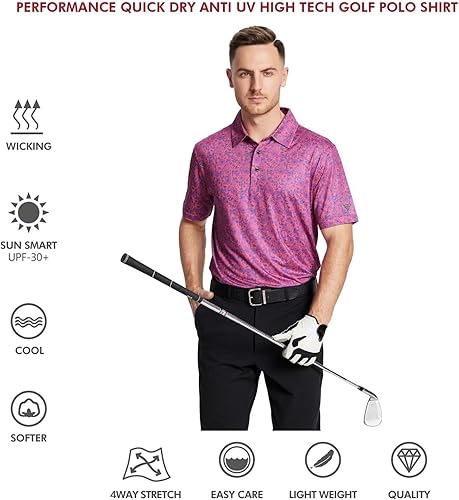 Miniatura 5 de Golf Shirts for Men Dry Fit Short Sleeve Print Performance Moisture Wicking Polo Shirt
