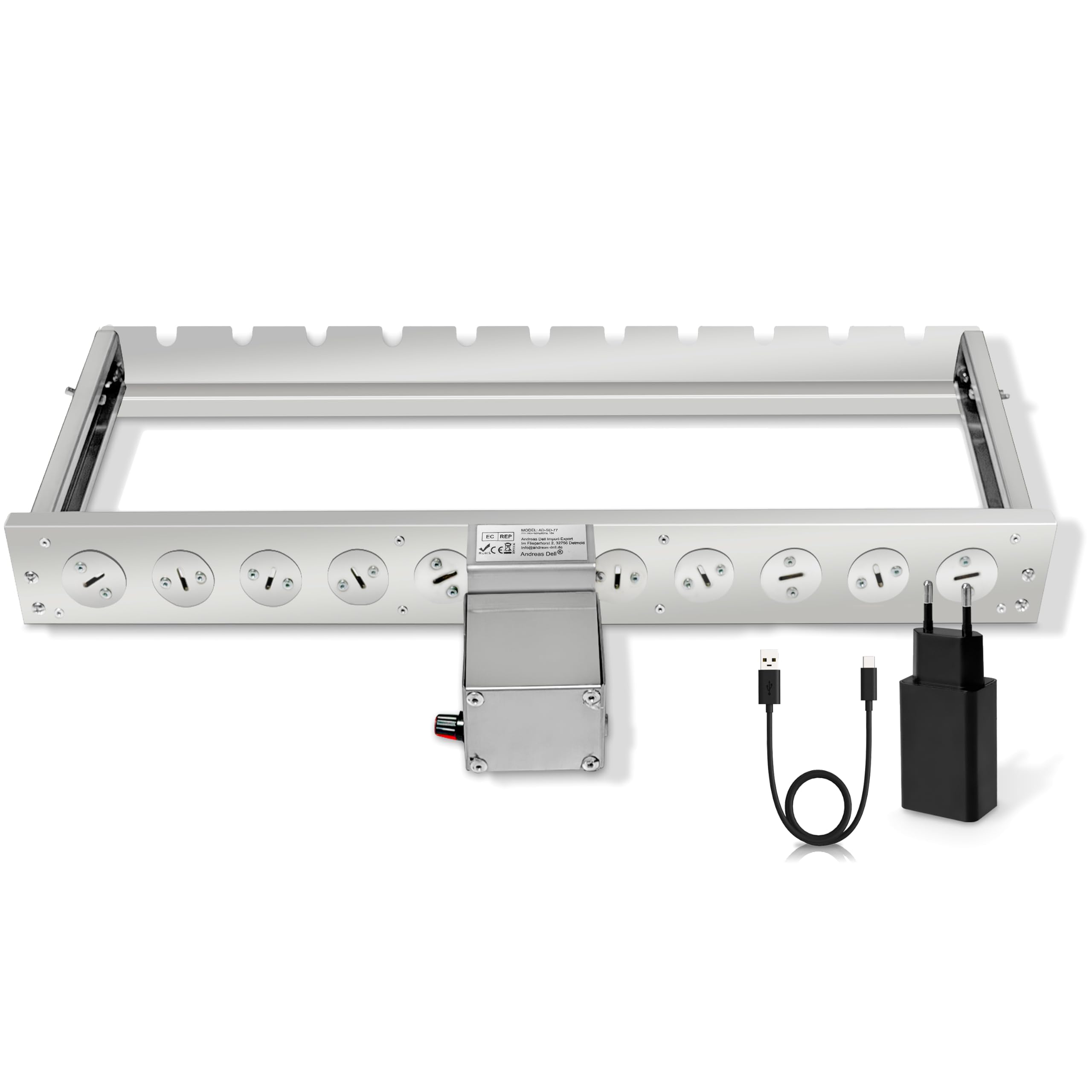 Elektrischer Spießdreher BBQ Rotisserie Set mit regulierbaren Motor – Edelstahl Grillaufsatz für Gas-, Holzkohle- & Elektrogrill – verstellbar, breit 58 cm – 220V + USB (Ohne 11 Spießen)