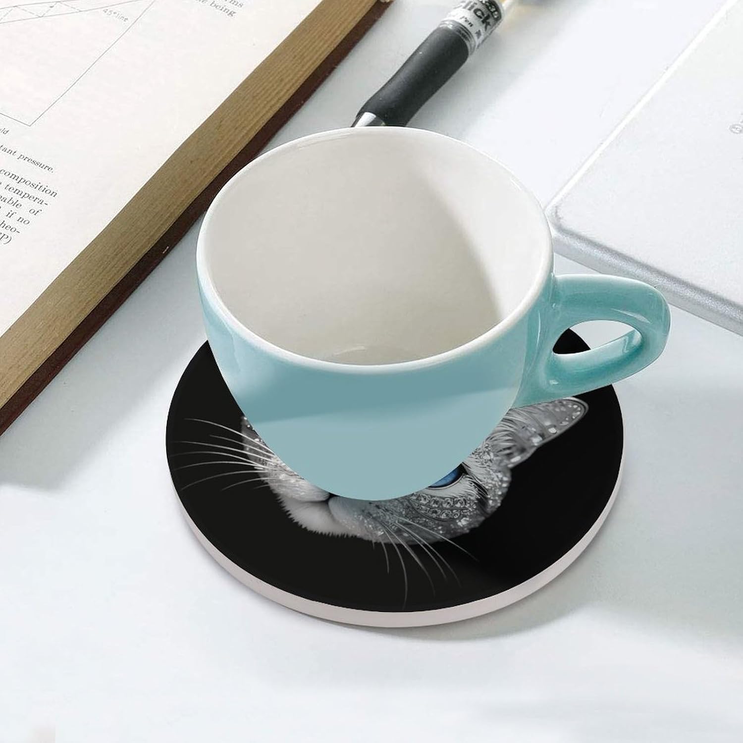 Sparkling Cat Funny Round Ceramic Coasters for Drink Absorbent Cup Holders Tabletop Protection