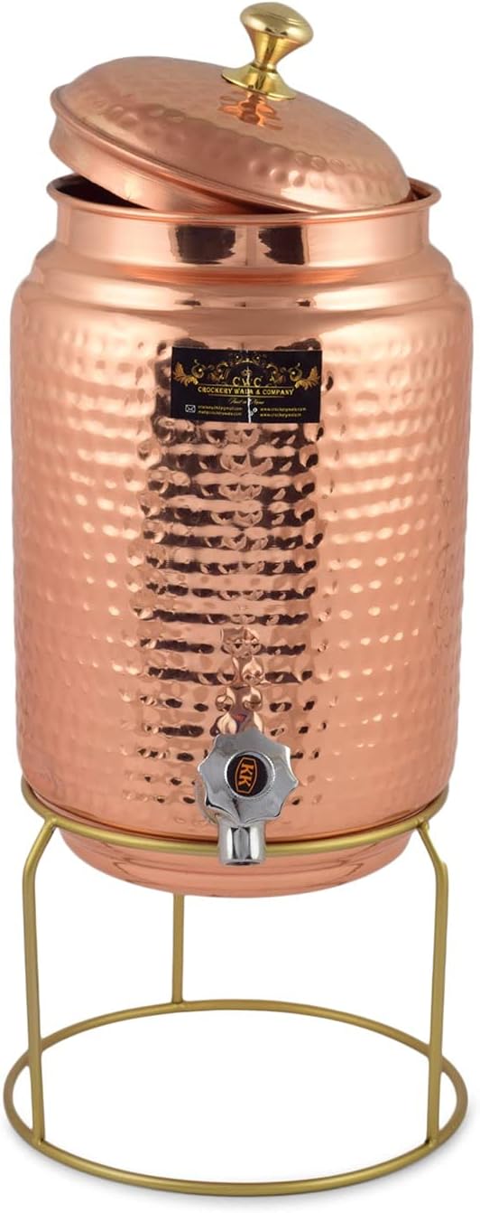 Pure Copper Hammered Water Dispenser with Brass Tap and Stand | Traditional Matka Style Water Pot for Home & Kitchen Use - (08 Liter)