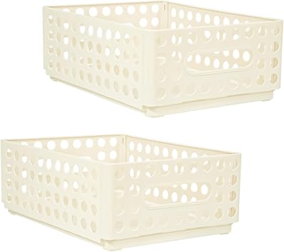 SAYEEC 2 Pack Mini Foldable Plastic Baskets for Organizing Collapsible Crate with Handle Stackable Storage Bin Small Storage Container Box Caddy Desk Drawer Organizer for Home Office Classroom Beige