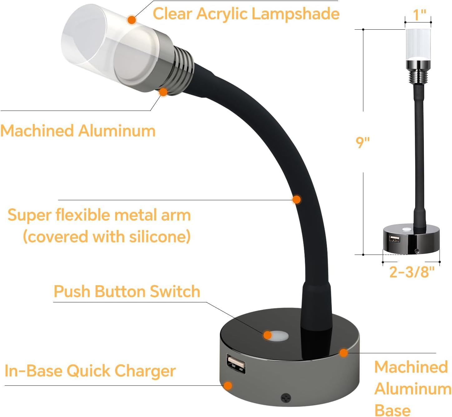 RV Reading Lights Interior, 12V Dimmable LED Reading Light with with 18W USB Charger & Flexible gooseneck, for Camper Travel Trailer Motorhome, 12-24V DC Hard-Wired, 2 Pack (Glossy Black)