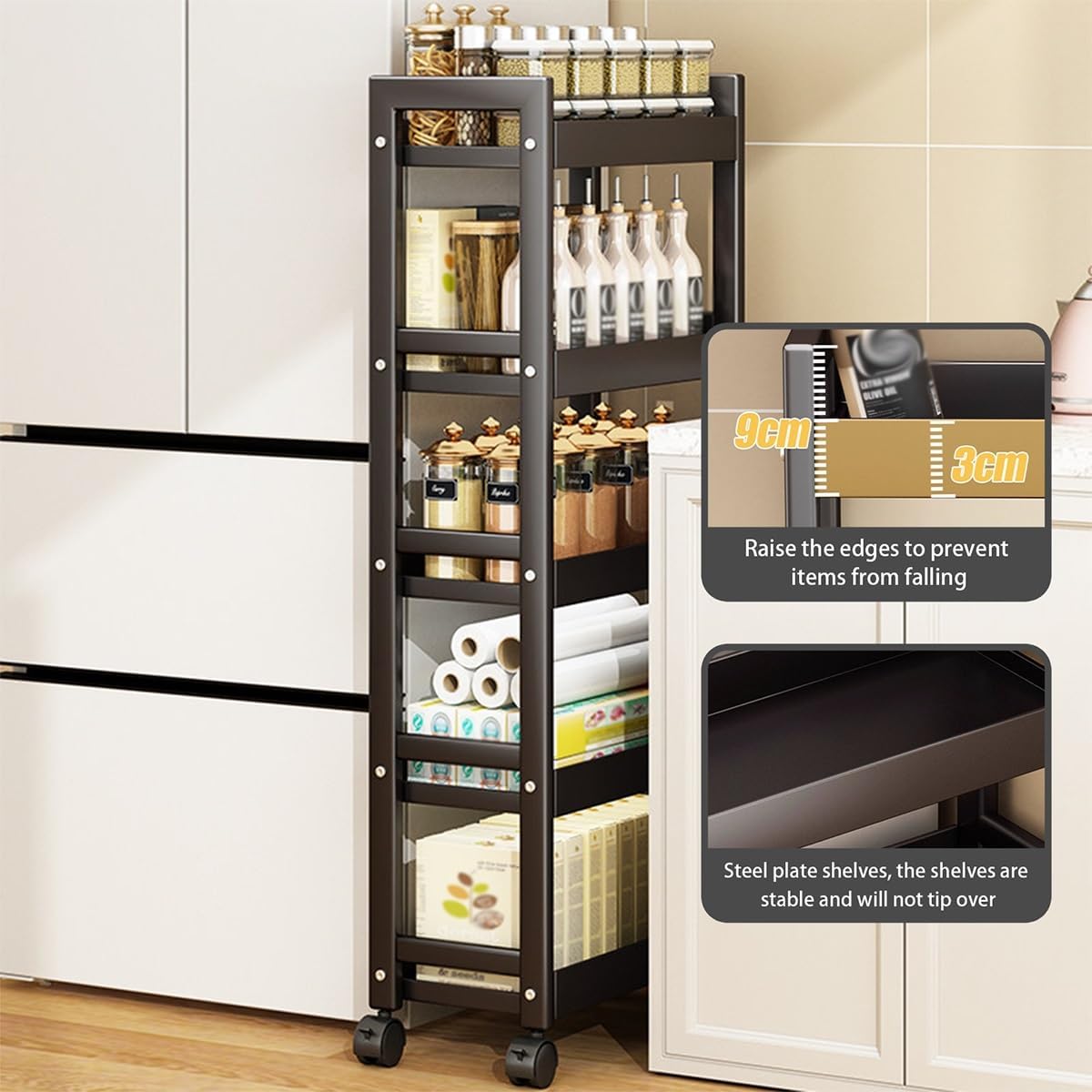 Slim Storage Cart, Slim Rolling Kitchen Cart with Wheels, Narrow Pull-Out Storage Shelf, Small Space Storage, for Living Room & Narrow Spaces(15.8x8.7x46.1in)