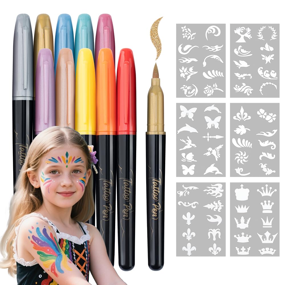 Transon 10 colors Face Painting Marker for Halloween and Makeup Parties Temporary tattoo Painting Body Painting with Brush Tip Including Stencil