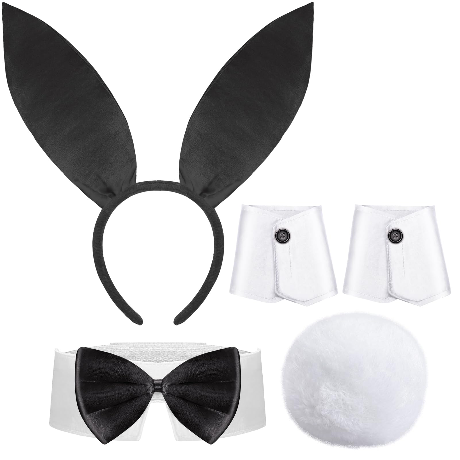 Women's Bunny Costume Set Rabbit Ear Headband Collar Bow Tie Costume Cuffs Rabbit Tail for Easter Party, Black