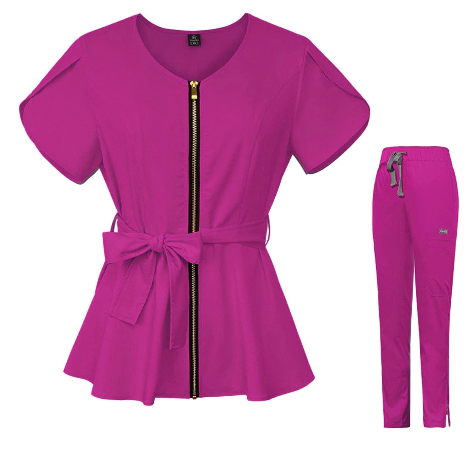 Uniforme mediche da donna, con scollo a V, top con cintura e pantaloni da jogging, vestibilità aderente, abbigliamento da lavoro per infermieri