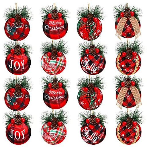 16 Pieces Christmas Buffalo Plaid Ball Ornaments Rustic Plaid Burlap Fabric Ball Christmas Tree Hanging Ornaments Foam Decorations with Pine Cones and Greenery Xmas Party Decoration Supplies