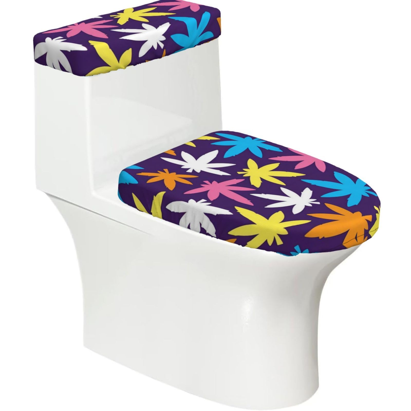 Wzycwb Black Bright Colorful Weed Pattern 2-Piece Toilet Seat Cover Set With Tank Lid, Elastic Fit For U-Shape & Elongated Toilets, Bathroom Decor, Housewarming Gift