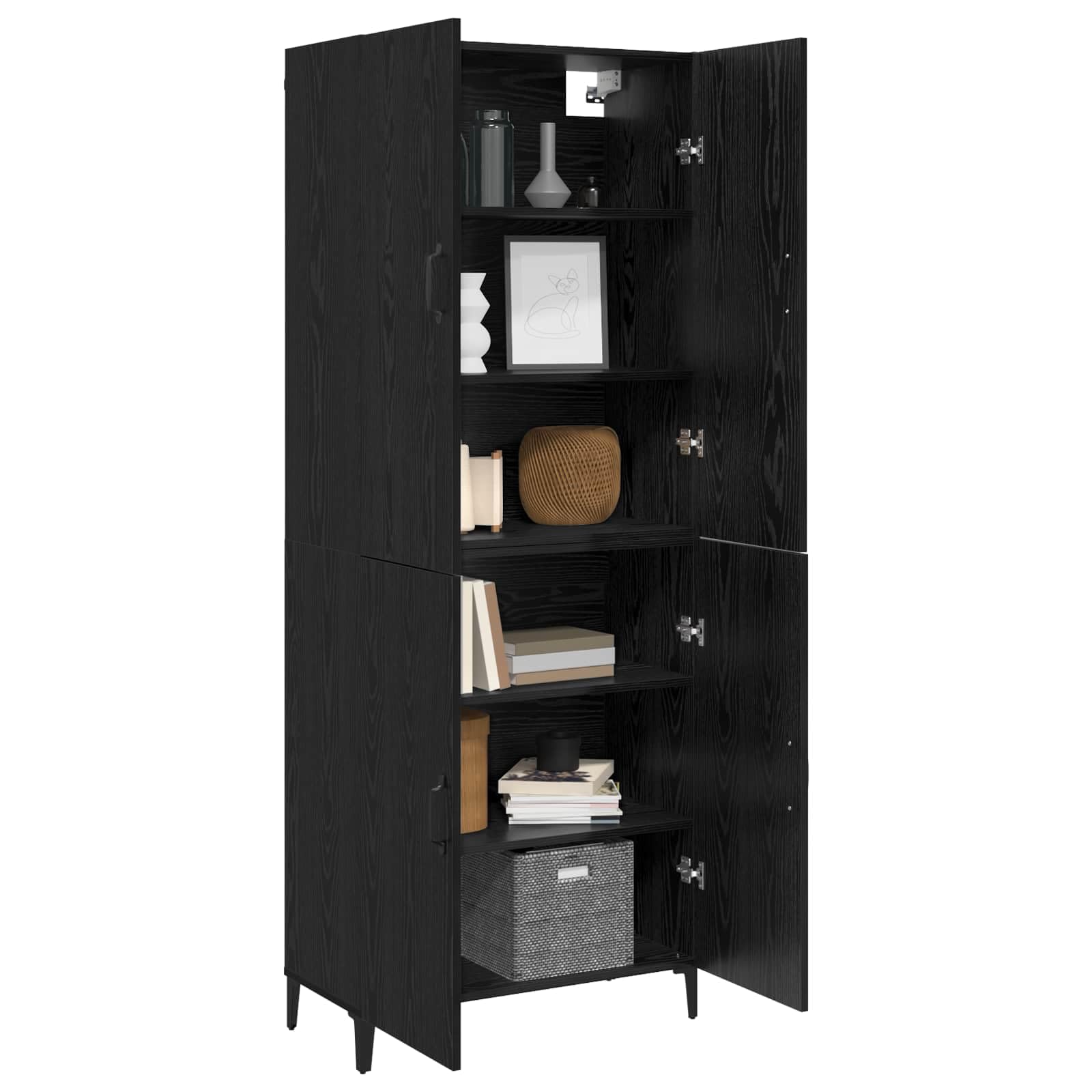 Buffet haut noir aspect chêne en bois avec 4 portes à charnières, hauteur de 180 cm, charge maximale de 120 kg, buffet moderne avec espace de rangement, idéal pour salon, salle à manger et