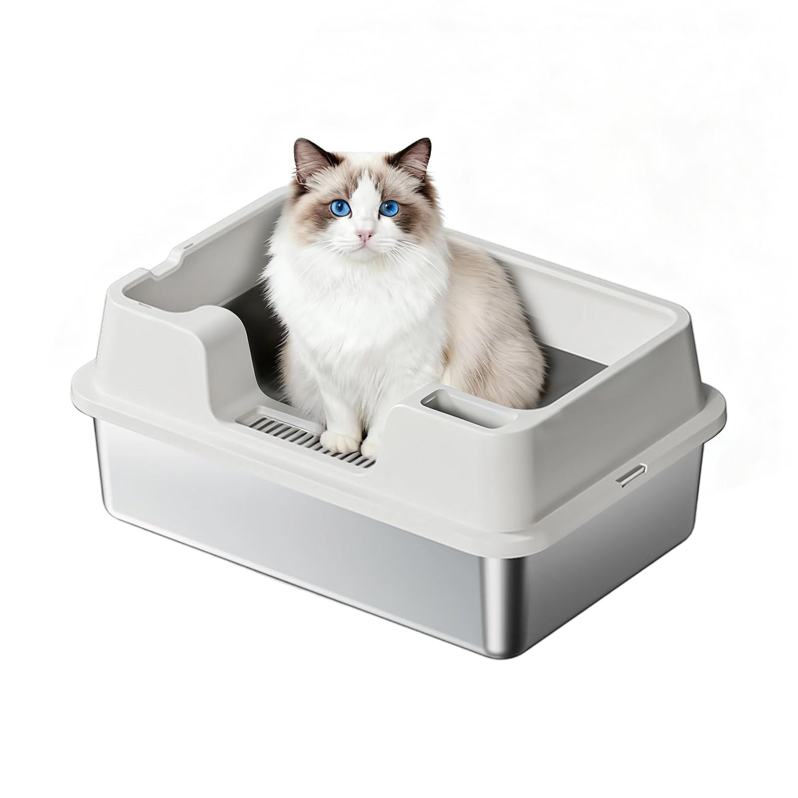 Aptliton Stainless Steel Cat Litter Tray with Leak-Proof Edge, 60×40×22cm Large Metal Litter Box with Litter Catching Grid, High Sided Anti-Splashing Cat Toilet for Multi Cats Indoor Use, White