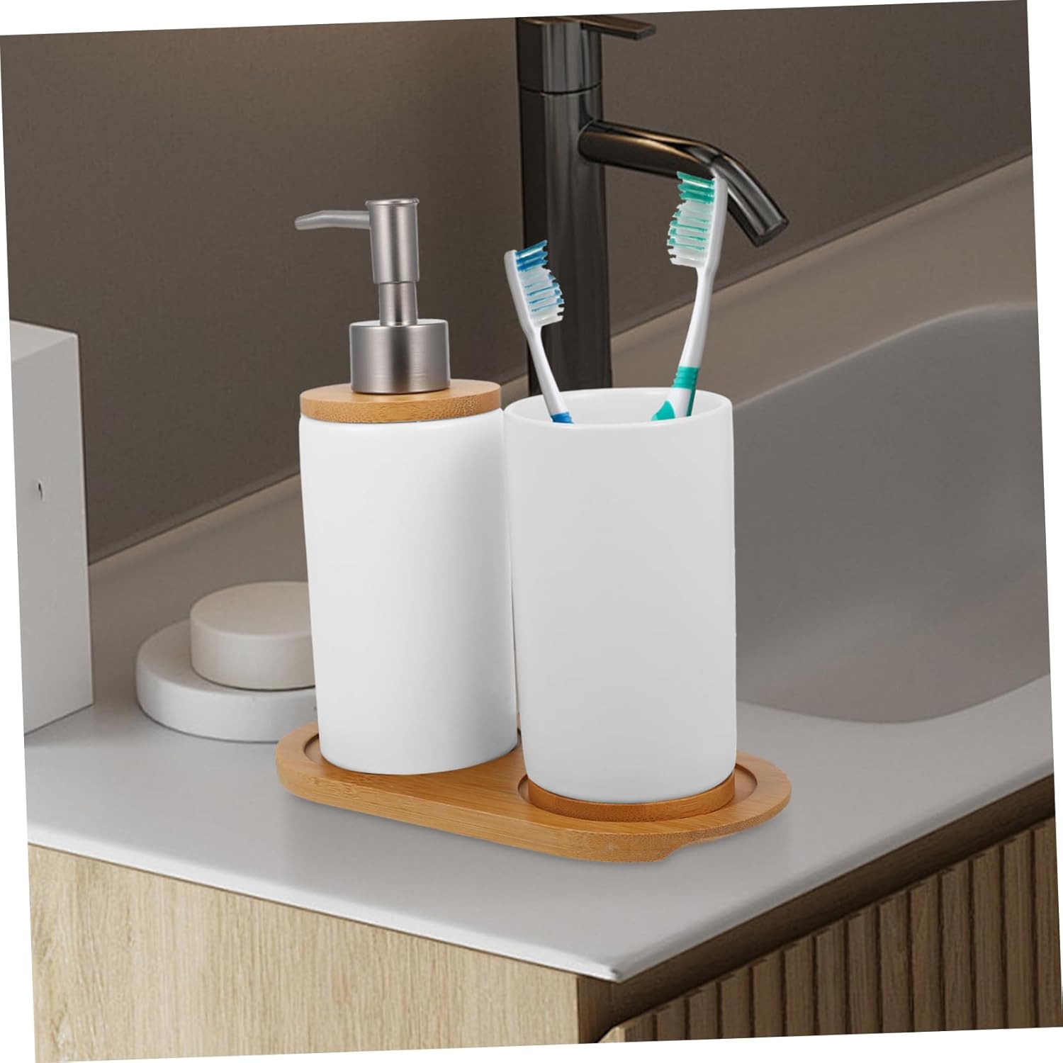 Homoyoyo Nordic Ceramic Bathroom Accessories Set Toothbrush Holder Mouthwash Cup Lotion Dispenser Sleek White Design for Vanity and Sink Organization