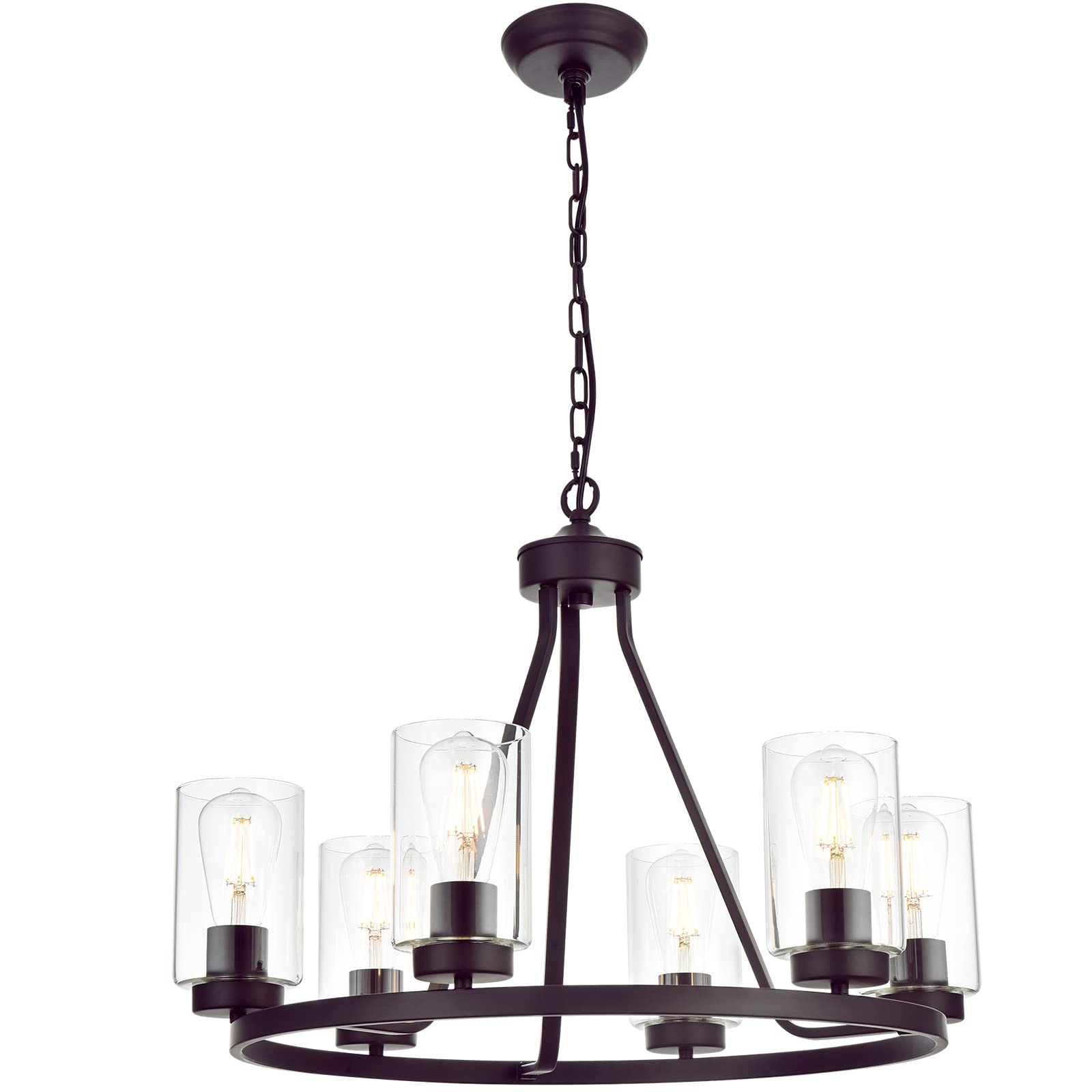 WINSHEN Farmhouse Dining Room Chandelier with Clear Glass Shades, Vintage Wagon Wheel Chandelier in Oil Rubbed Bronze Round Pendant Light Fixture for Kitchen Island Hallway