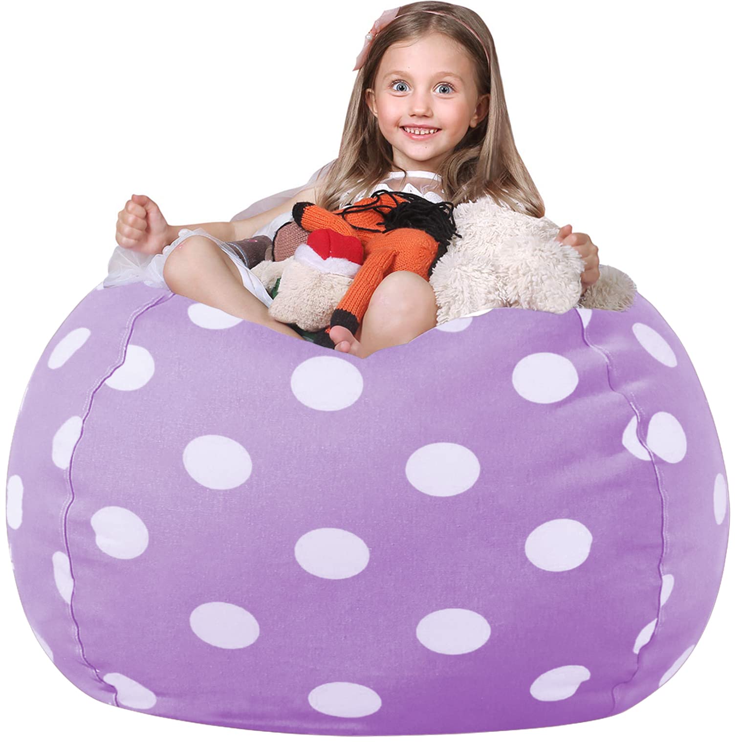 Wekapo Stuffed Animal Storage Bean Bag Chair Cover for Kids | Stuffable Zipper Beanbag for Organizing Children Plush Toys Large Premium Cotton Canvas (Purple Dot, XX-Large)