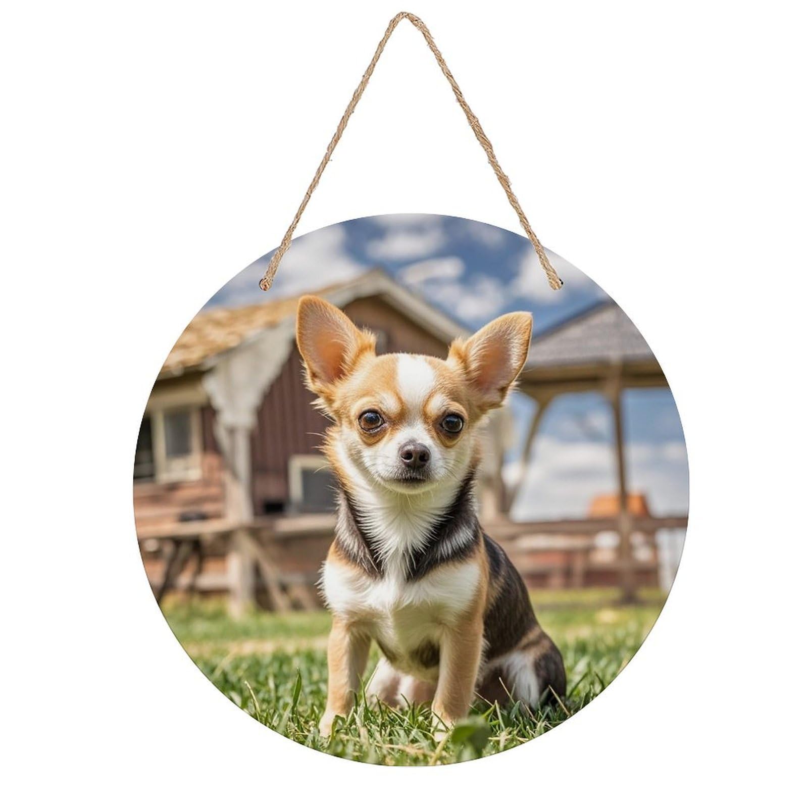 FekiLoot Farm Cute Chihuahua Wall Art Decor Round Wood Hanging Sign Decoration Wooden Circle Door Sign Round Hanging Decorative Wood Plaque Door Hanger for Home Outdoor Indoor Decoration