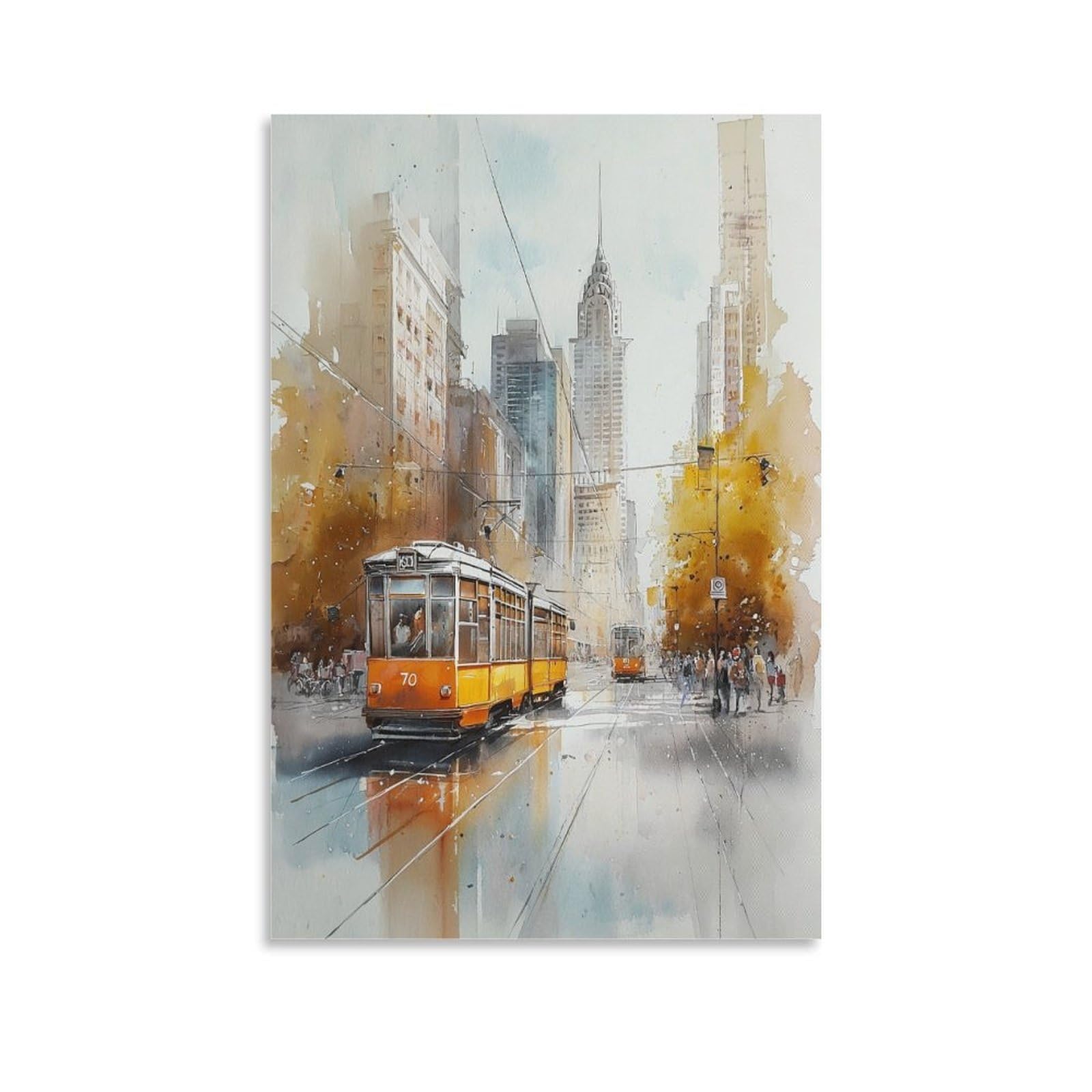CNAHEIZ Watercolor Trolley Cityscape Tree 20x30inch(50x75cm) Vintage Travel Poster Watercolor Canvas Art