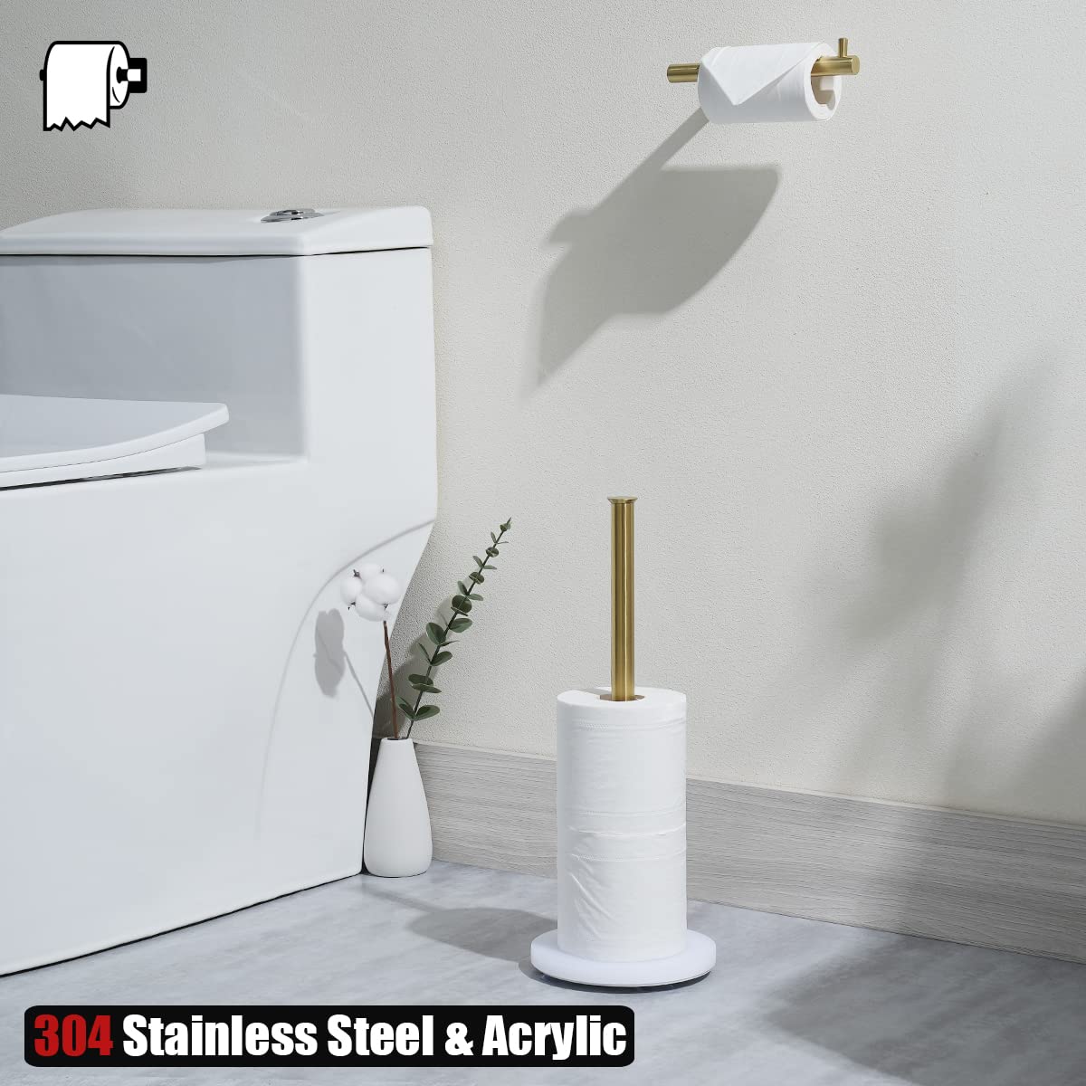 JQK Toilet Paper Storage Stand White Gold, 304 Stainless Steel Tissue Reserve Holder Dispenser for Bathroom Brushed Gold, TPS180-WG - Image 3