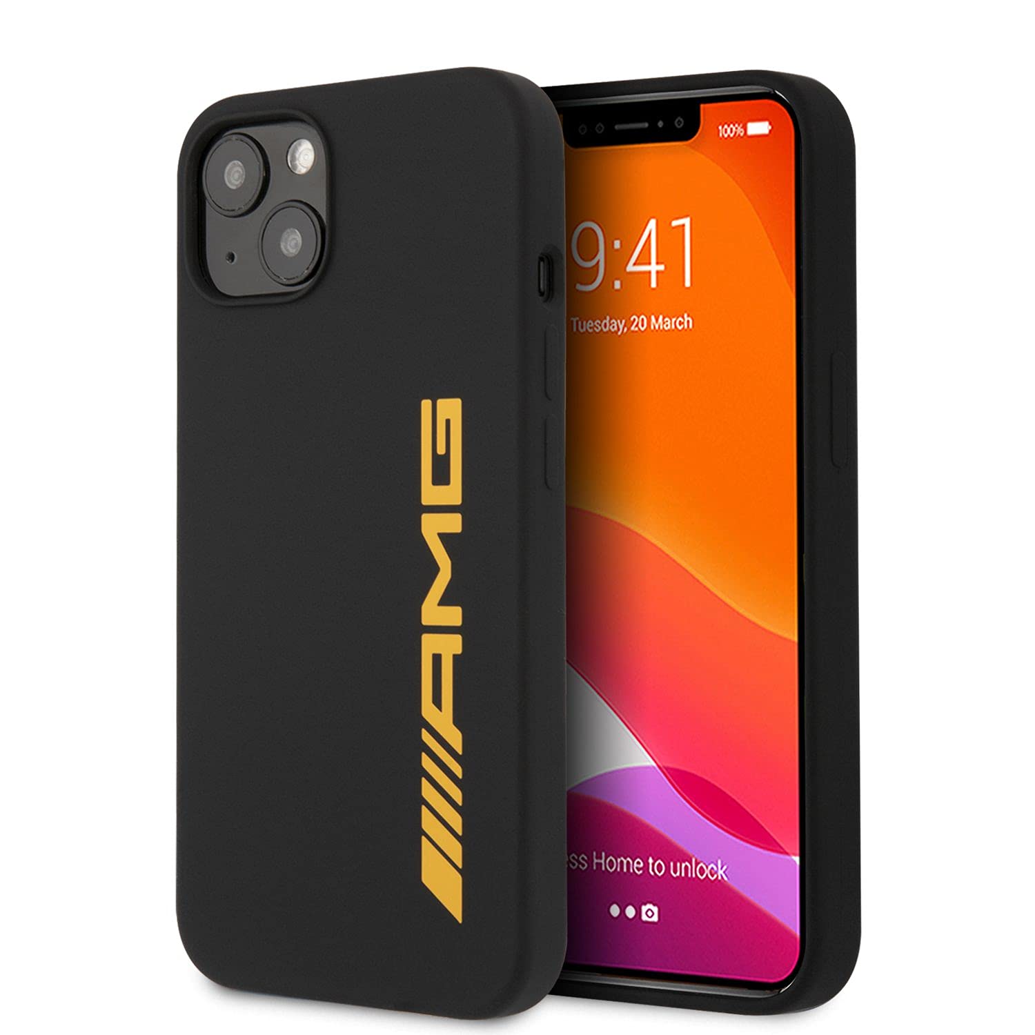 CG MOBILE AMG Liquid Silicone Case with Big Logo Compatible for iPhone 13 (6.1") Easy Access to All Ports, Shock-Absorption, Anti-Scratch, & Drop Protection - Black/Yellow