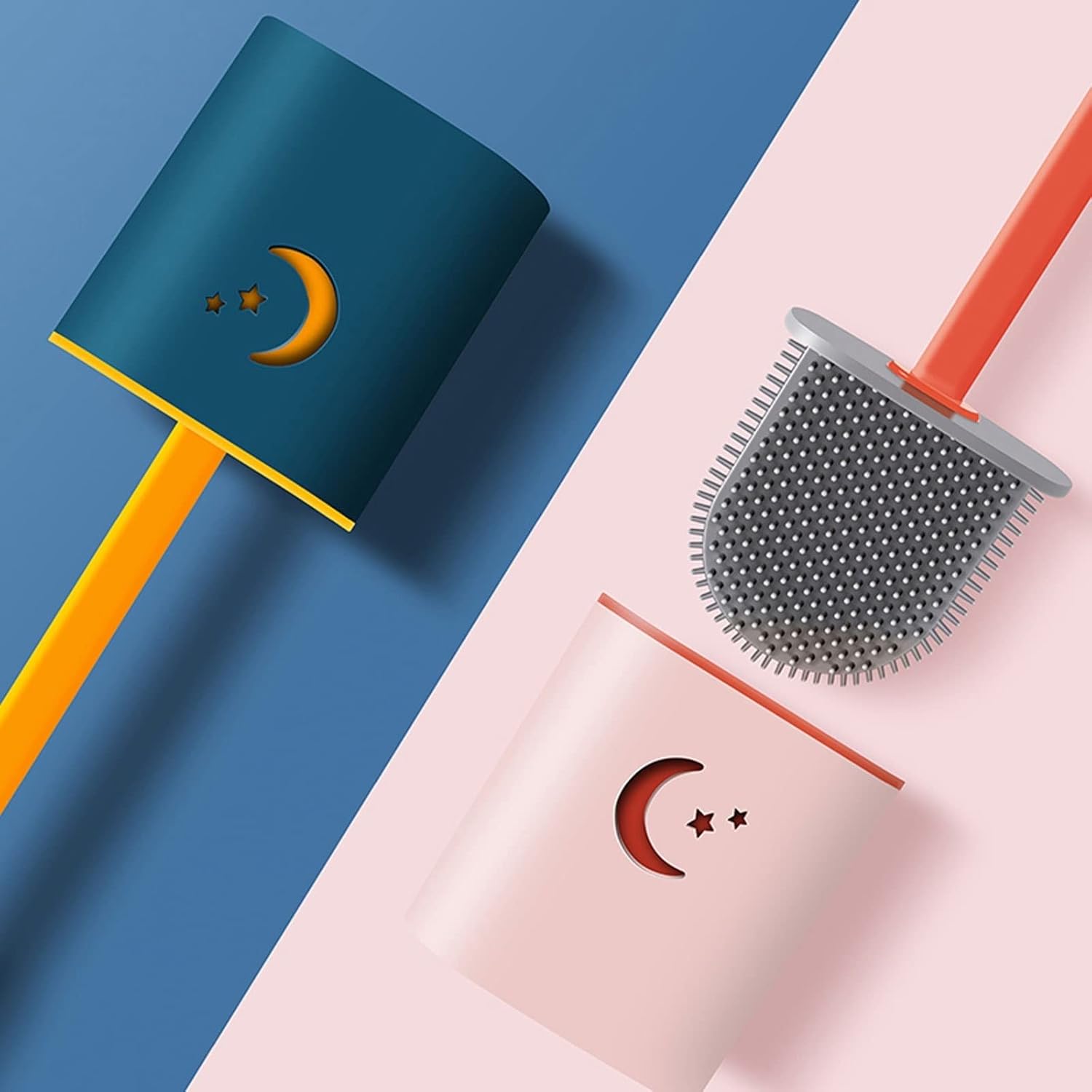 Toilet Brush Holder Toilet Brush and Holder Silicone Bristles Toilet Bowl Cleaner Brush Non-Slip Long Handle Floor Standing Holder&Wall Mounted Without Drilling Toilet Brush Holders(C)