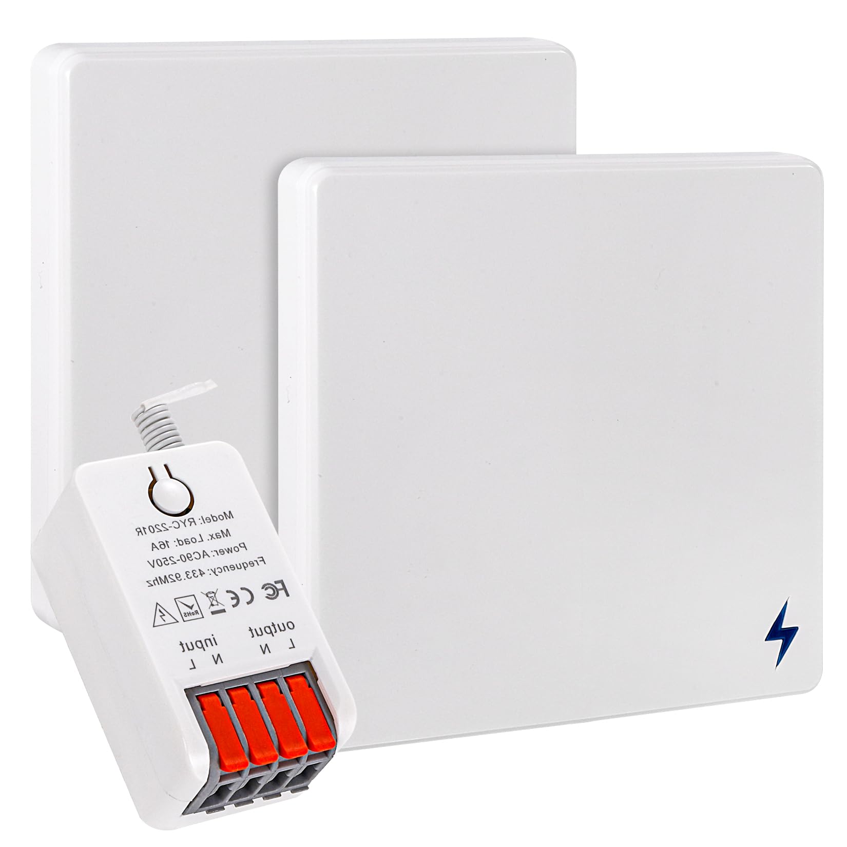 Wireless Light Switch Kit 86 Wall Panel remote light switch and 16 Amp Relay Receiver Controller AC90-250V,Long Range Reomte ON OFF for AC Appliances (2 Switch and 1 Receiver)