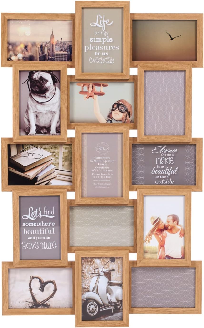 Biznest Oak 15 Picture Multi Aperture Photo Frame For 15 Photos Holds 6X4 Home Decoration, Living Room, Bedroom Room, Eye-Catching Design (Oak)