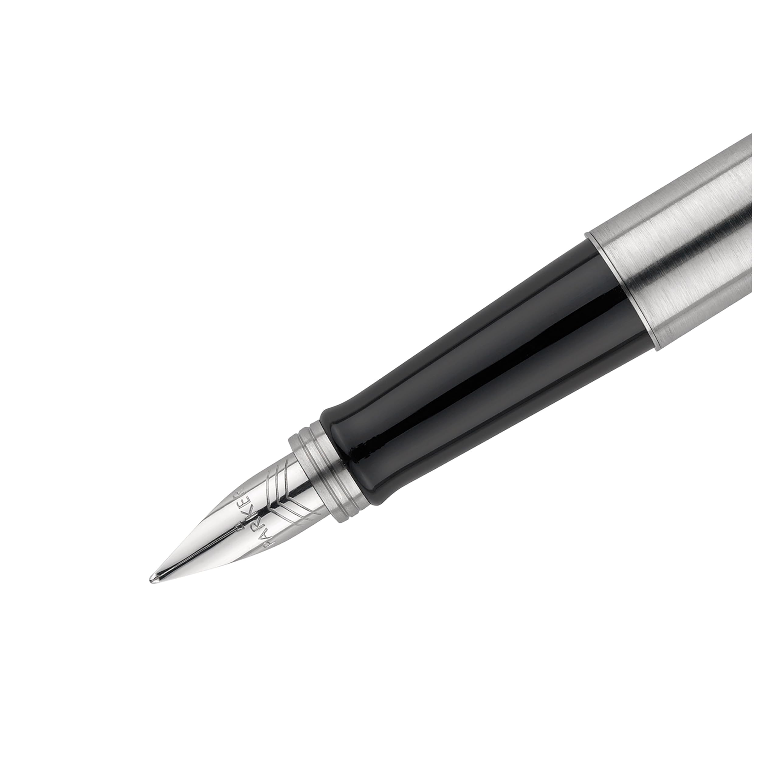 Parker Jotter pluma estilográfica | cuerpo de acero inoxidable con adorno cromado | plumín mediano y tinta azul | Material escolar | en estuche de regalo