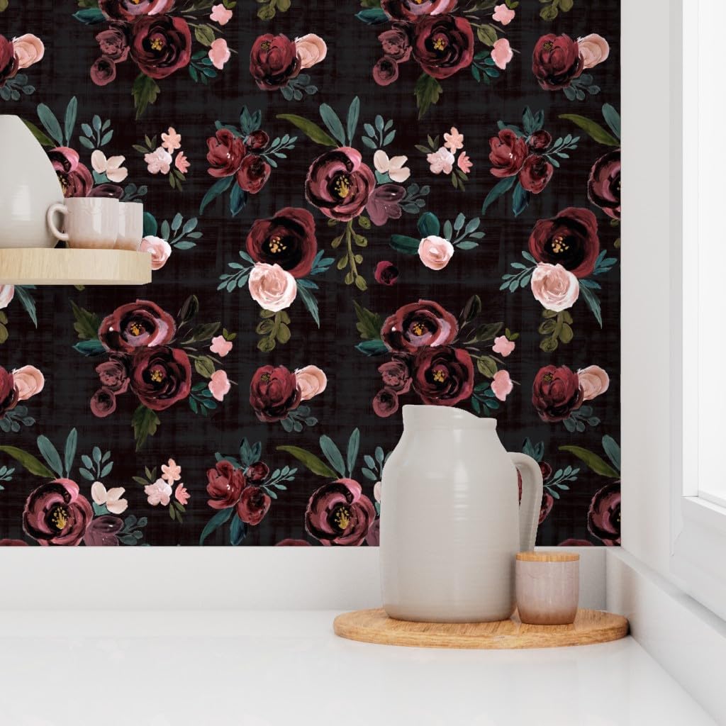 Removable Wallpaper 3ft x 2ft - Floral Rose Maroon Plum Deep Red Peach Olive Flowers Vintage Custom Pre-Pasted Wallpaper by Spoonflower